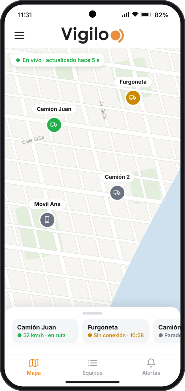 Mapa de la APP con la posición de cada teléfono