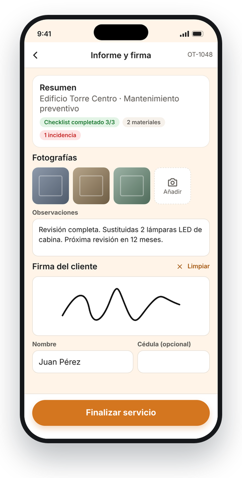 Informe del servicio con fotos y firma del cliente